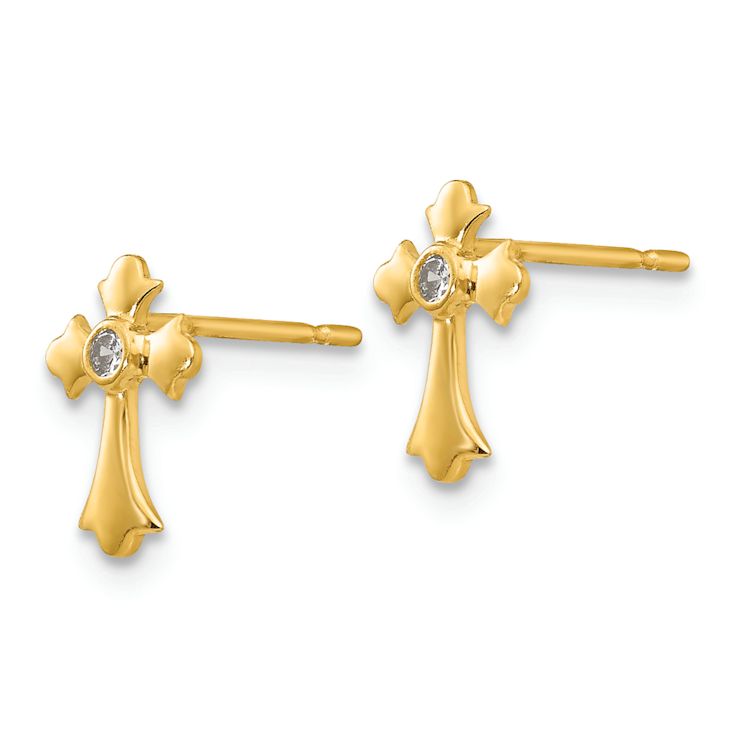 14k Yellow Gold Cubic Zirconia Children's Cross Stud Earrings