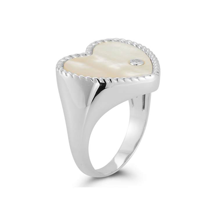 Mother-Of-Pearl Heart Signet Ring In Sterling Silver With CZ Accent