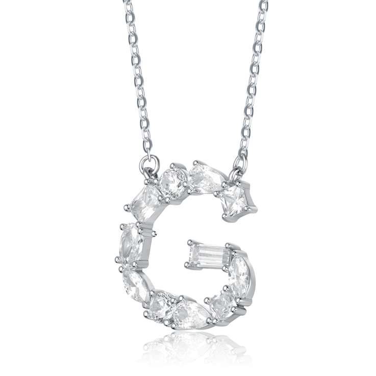 Initial G Mixed Cut CZ Pendant Necklace In Sterling Silver 18 Inch