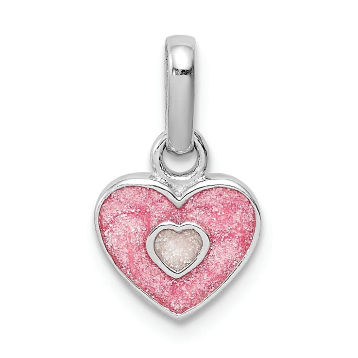 Rhodium Over Sterling Silver Pink Glitter Enameled Heart Children's Pendant