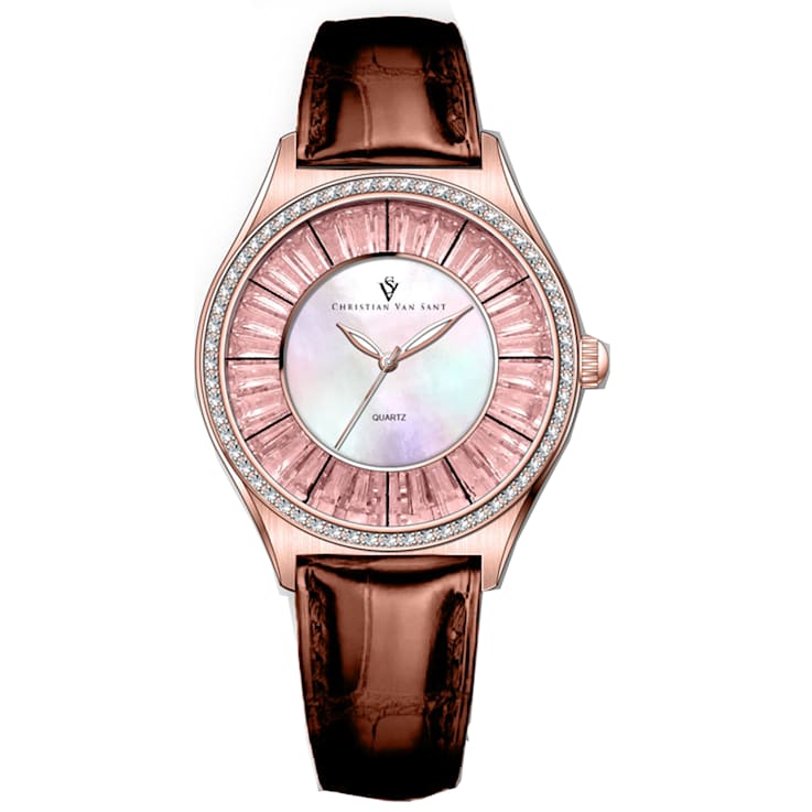 Christian Van Sant Women's Luna White Dial, Brown Leather Strap Watch