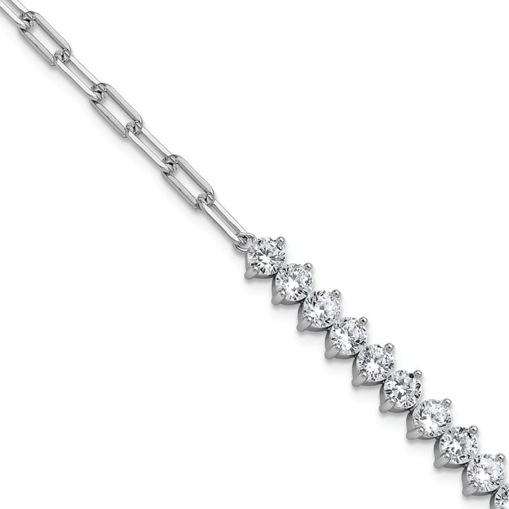 Rhodium Over Sterling Silver Fancy Cubic Zirconia and Paperclip Link Bracelet