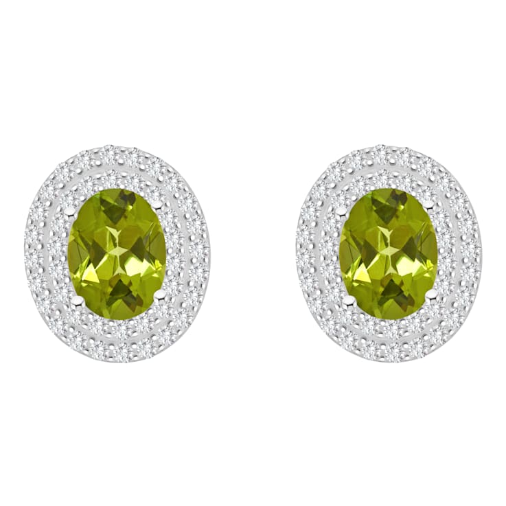 8x6mm Oval Peridot And White Topaz Accent Rhodium Over Sterling Silver
Double Halo Stud Earrings