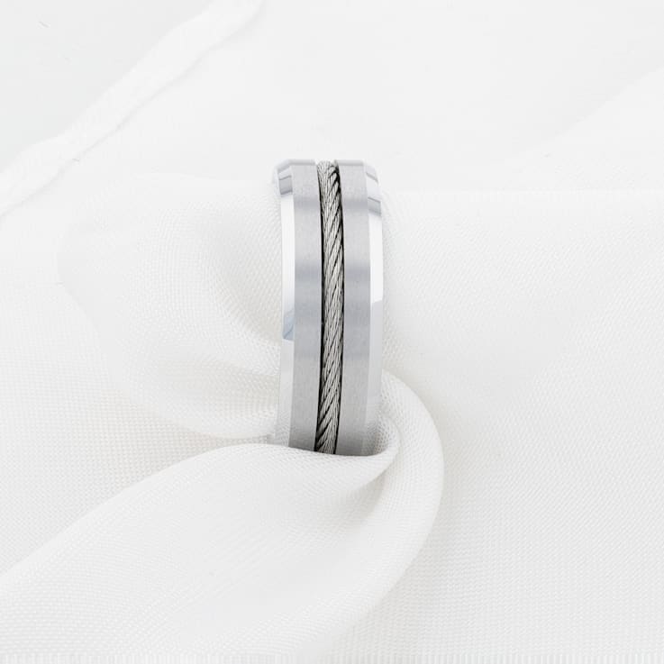 LANNISTER Men’s Tungsten Flat Wedding Band with Steel Wire Cable Inlay
and Beveled Edges 8mm