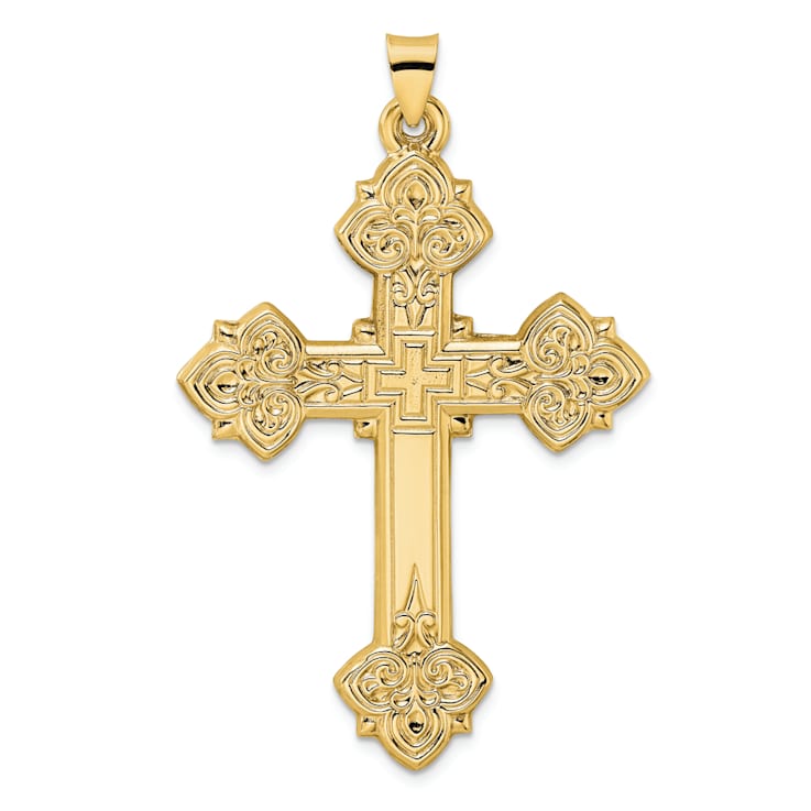 14k Yellow Gold Polished and Textured Fancy Fleur-de-Lis Cross Pendant