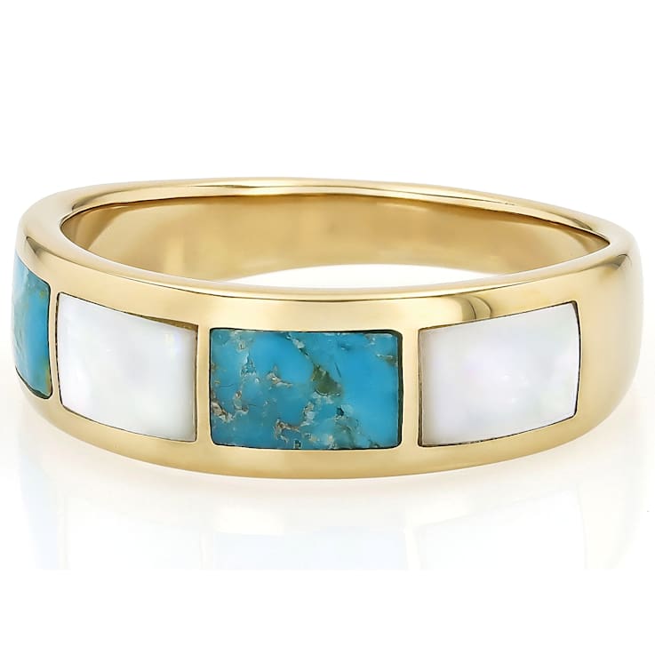 Turquoise And Mother-Of-Pearl Inlay Band Ring In 18K Gold Over Sterling Silver