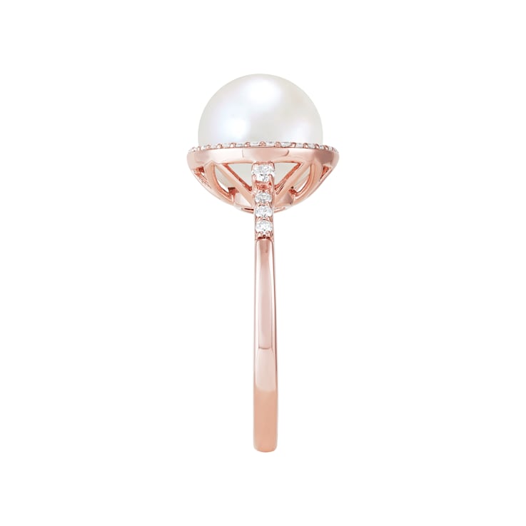 9-9.5mm Round White Freshwater Pearl with 0.21ctw Diamond 10K Rose Gold Ring
