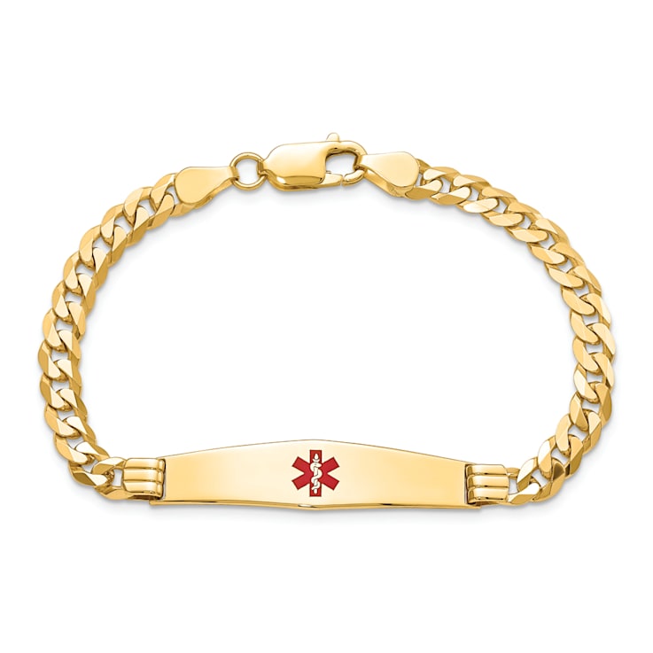 14k Yellow Gold Medical Soft Diamond Shape Red Enamel Curb Link ID Bracelet