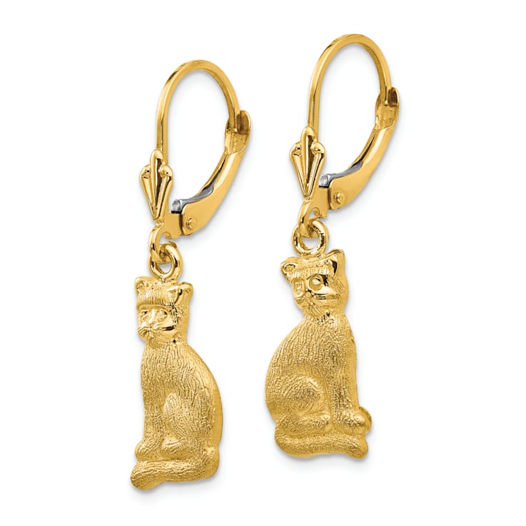 14k Yellow Gold Satin Cat Dangle Earrings