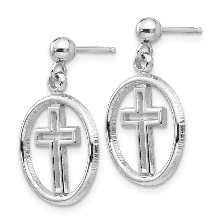 Rhodium Over 14k White Gold Polished Eternal Life Cross Dangle Earrings