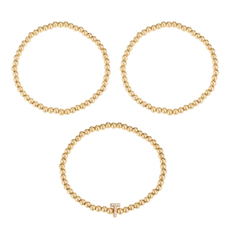 Initial T CZ Beaded Bracelet Set In 14K Gold Over Brass 0.09ctw