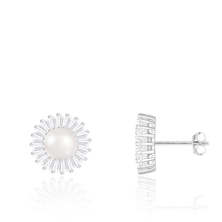 6.5-7mm White Cultured Freshwater Pearl Rhodium Over Sterling Silver Earrings