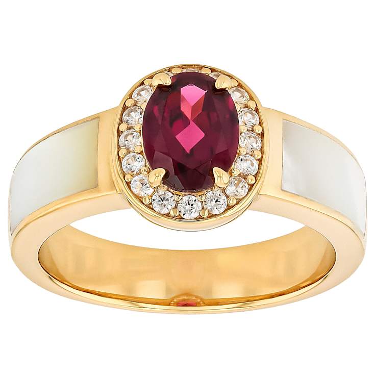 Grape Color Garnet, White Zircon And White Mother-Of-Pearl Band Ring In
18K Gold Over Sterling Silver 1.49ctw