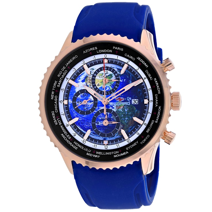 Seapro Men's Meridian World Timer GMT Blue Dial, Rose Bezel, Blue Rubber
Strap Watch