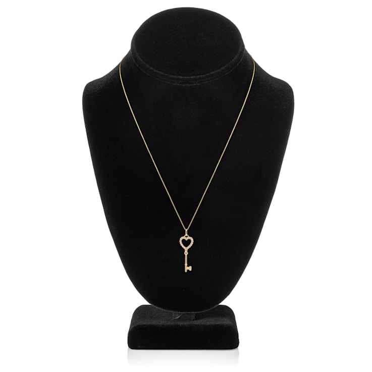 White Cubic Zirconia 14k Yellow Gold Key Pendant With Chain 0.20ctw