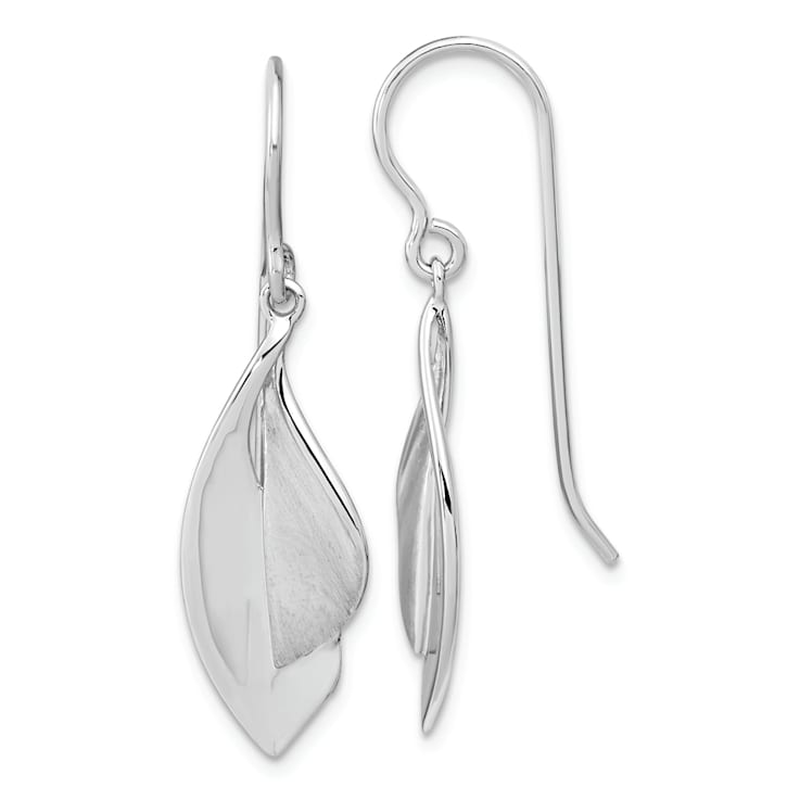 Rhodium Over Sterling Silver Brushed and Polished Dangle Shepard Hook Earrings