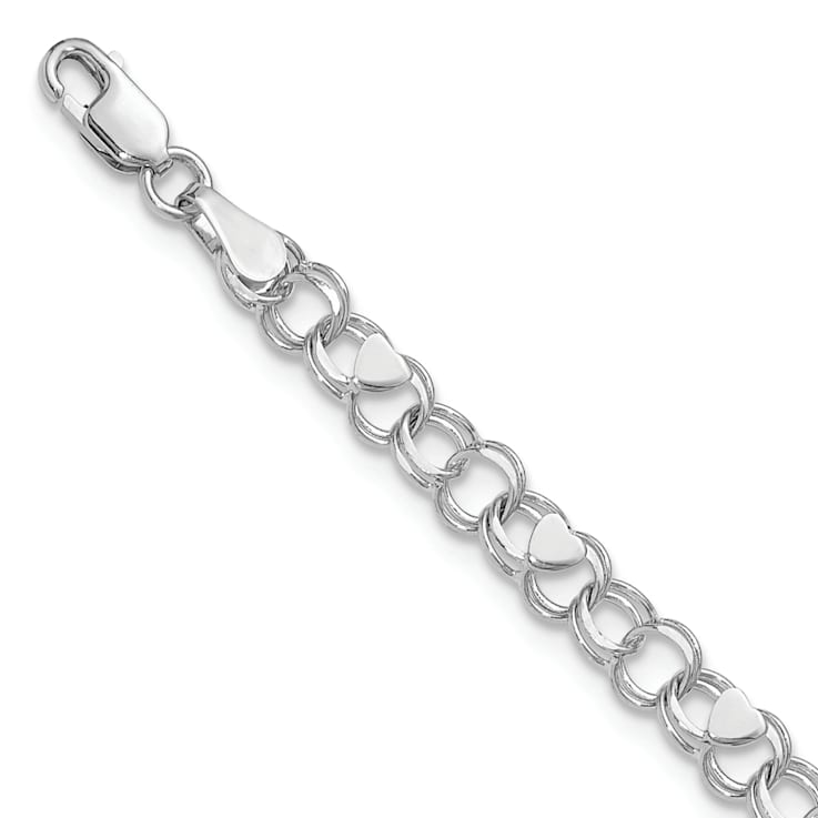 Rhodium Over 14k White Gold 4mm Double Link with Hearts Charm Bracelet
