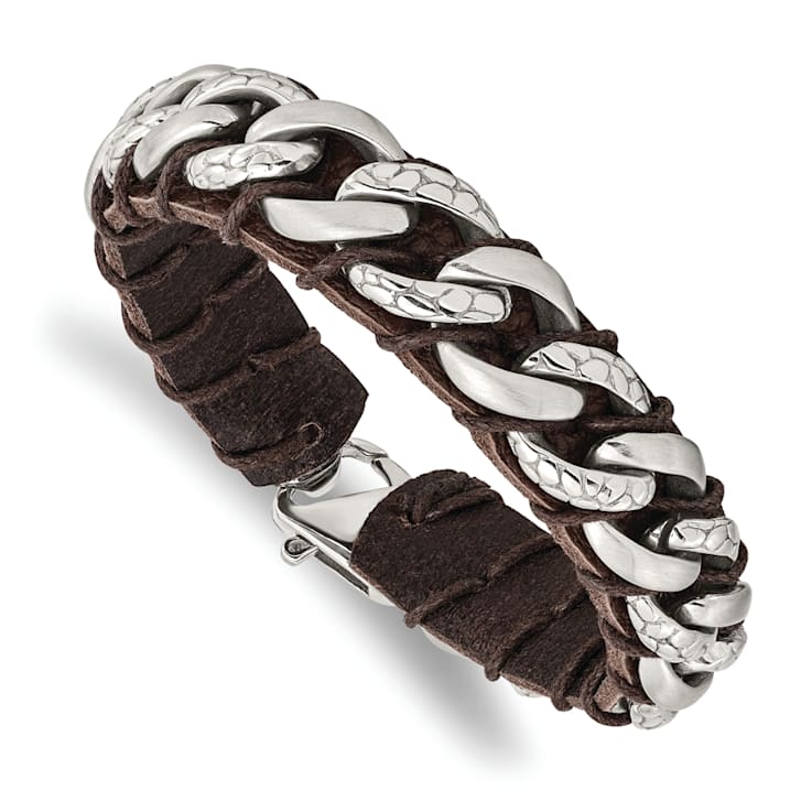 Brown Leather and Stainless Steel Brushed Polished and Textured 8.5-inch Bracelet