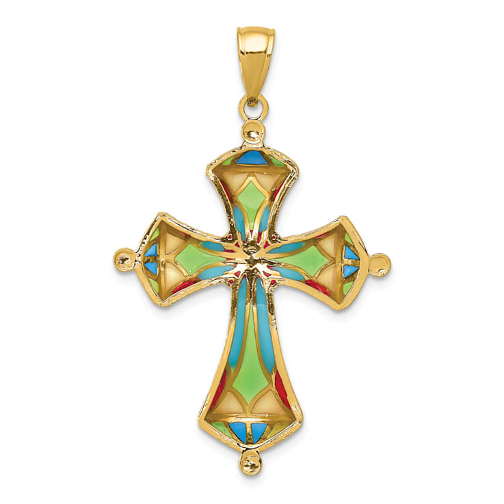 14k Yellow Gold Multi-Color Enamel Cross Pendant