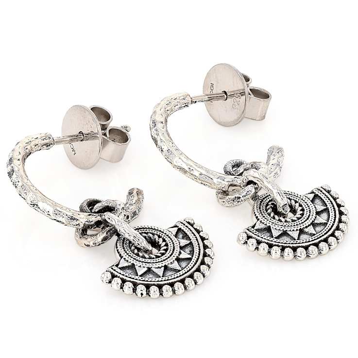 Mandala-Inspired J-Hoops Earrings In Oxidized Sterling Silver