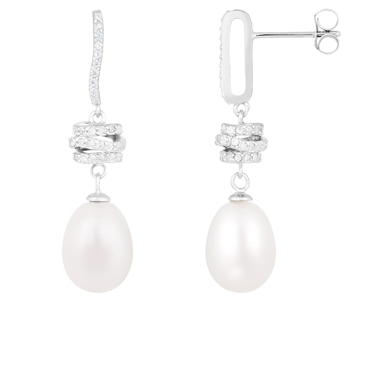 White Cultured Freshwater Pearl and Cubic Zirconia Rhodium Over Sterling
Silver 8-9mm Drop Earrings