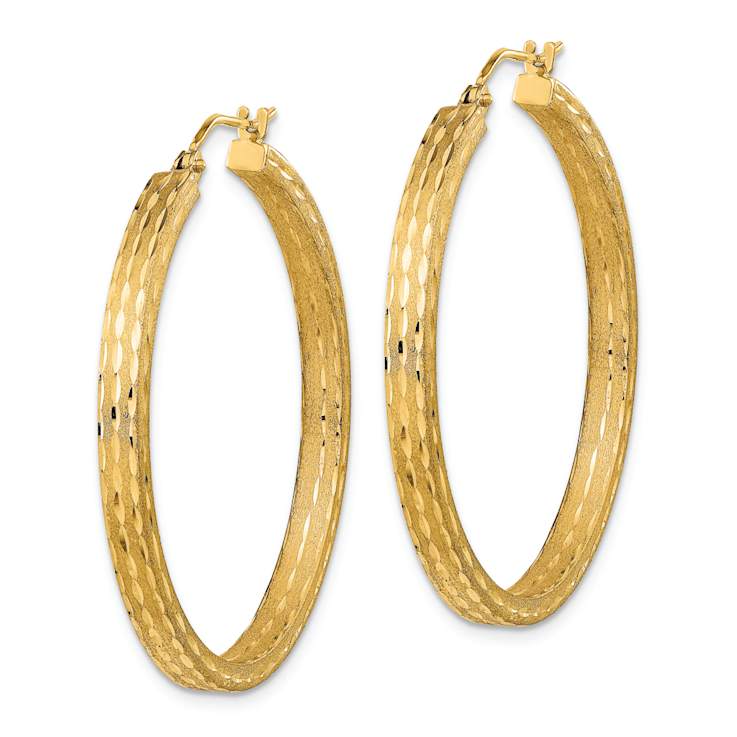 14k Yellow Gold 1 1/2" Satin and Diamond-cut Hoop Earrings