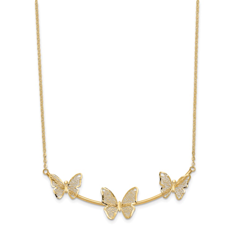 14K Yellow Gold Polished Filigree 3-Butterfly Bar Necklace