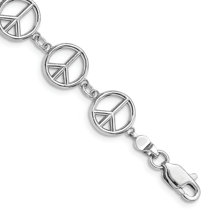 Rhodium Over 14k White Gold Polished Peace Sign Bracelet