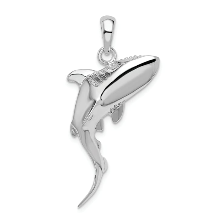 Rhodium Over Sterling Silver Polished 3D Swimming Shark Pendant