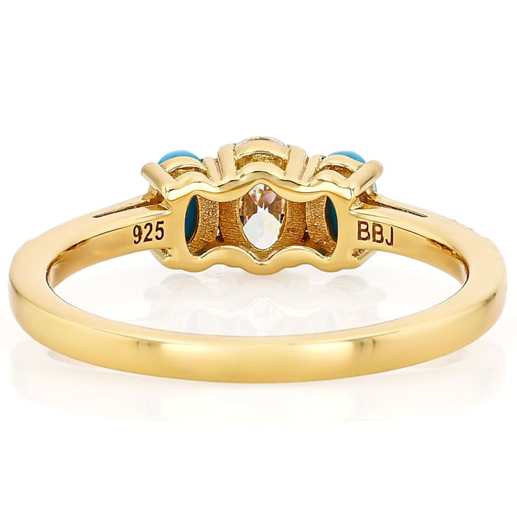 Diamond Simulant, Turquoise, 3-Stone Ring In 18K Gold Over Sterling
Silver 0.81ctw
