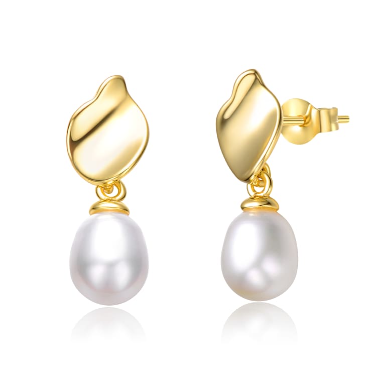 Freshwater Pearl Seashell Drop Earrings In 14K Gold Over Sterling Silver