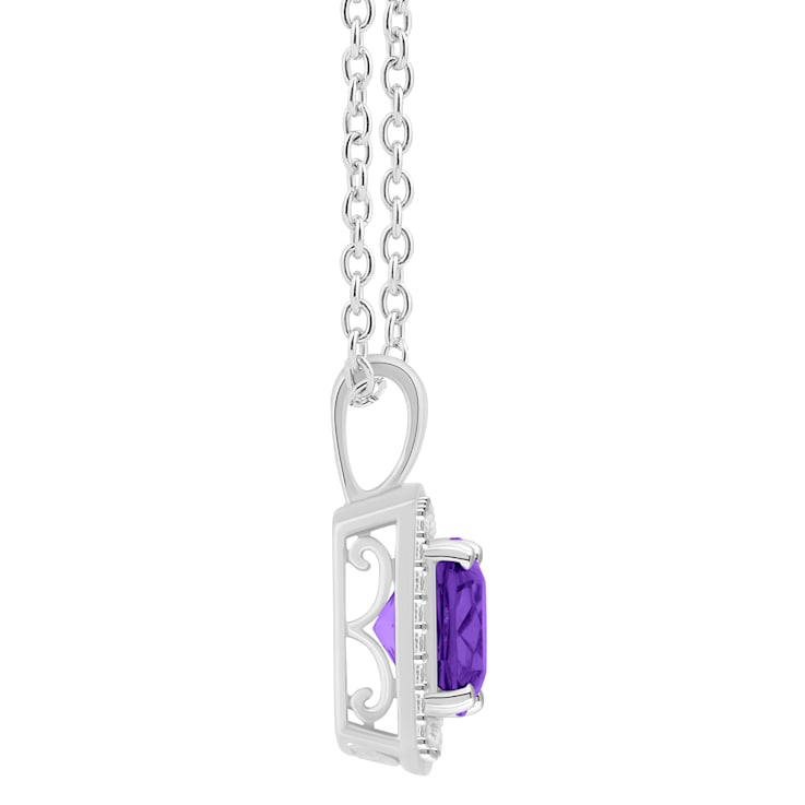 7mm Cushion Amethyst 1/7 ctw Diamond Rhodium Over Sterling Silver Halo
Pendant with Chain