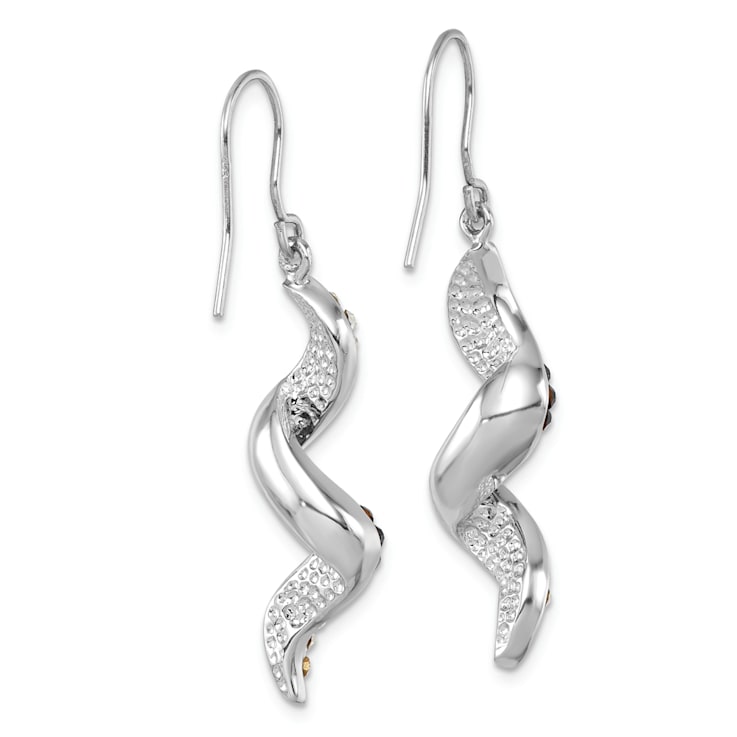 Rhodium Over Sterling Silver Long Twirl Crystal Wave Dangle Earrings