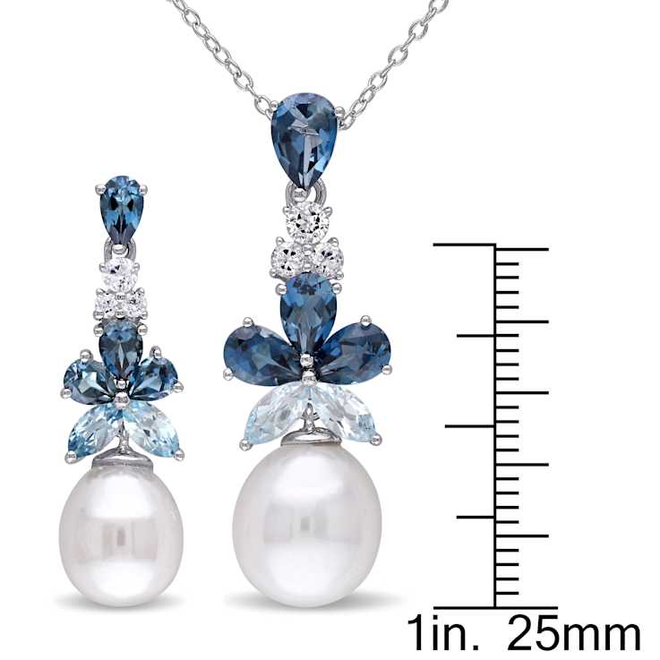 8.5-10MM Freshwater Cultured Pearl and Multigem Drop Earrings and
Pendant Set in Sterling Silver