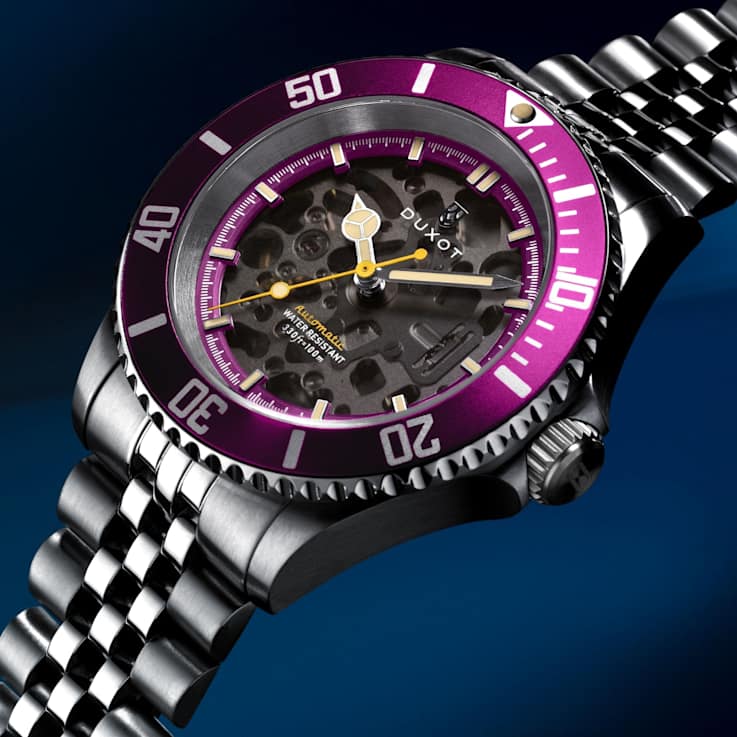 Duxot Atlantica Skeleton Diver Purple Dial White Bezel White Stainless
Steel Band Automatic Watch