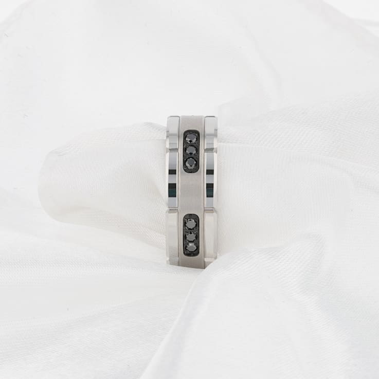 VALOR Grooved Tungsten Ring with Silver Inlay & Black Diamonds - 8mm