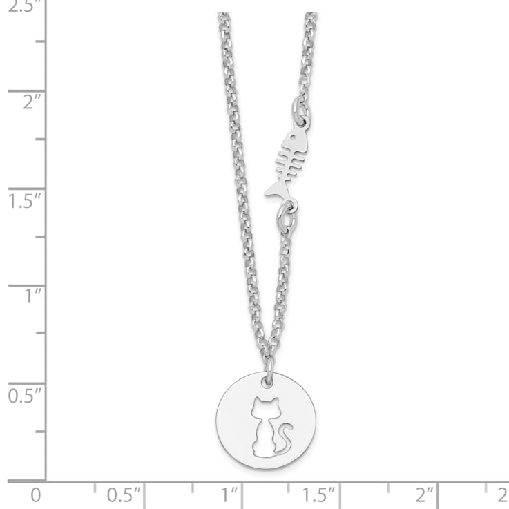 Sterling Silver Rhodium-plated Kitty and Fish with 1-inch Extension Necklace