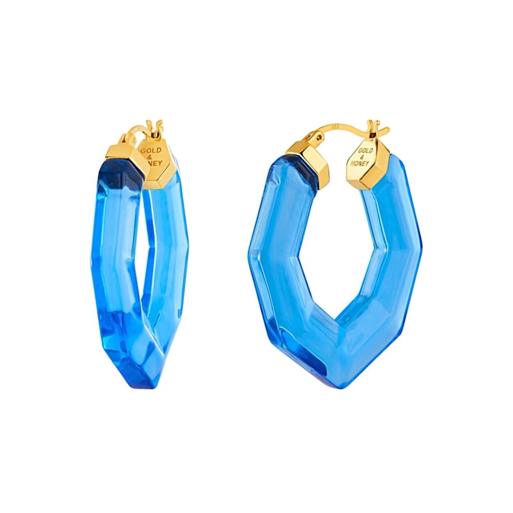 14K Yellow Gold Over Sterling Silver Pear Gem Acrylic Hoops in Blue
