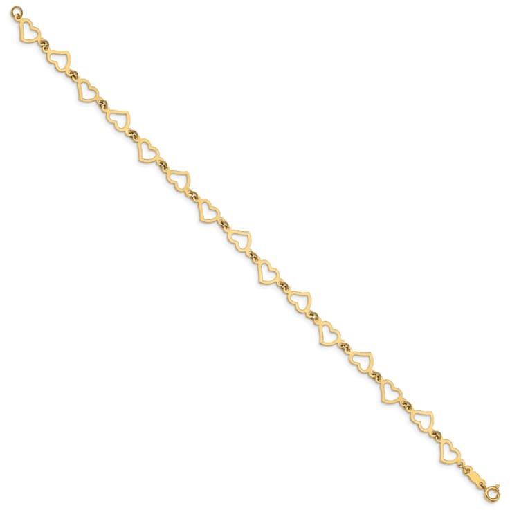 14k Yellow Gold Flat Open Hearts Link Bracelet