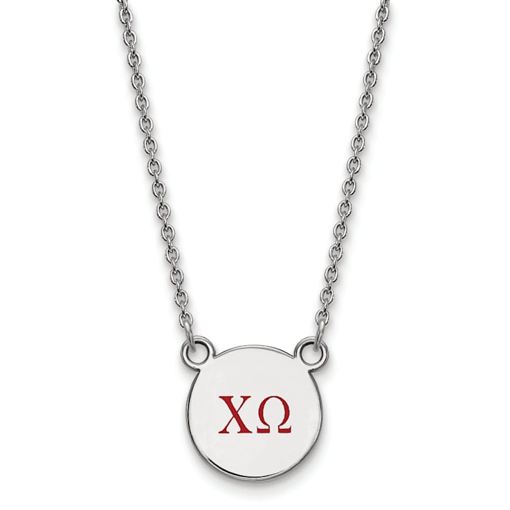 Rhodium Over Sterling Silver LogoArt Chi Omega Small Enamel Pendant Necklace