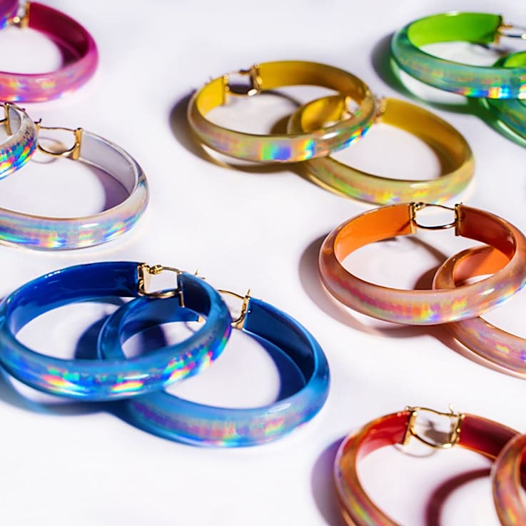 14K Yellow Gold Over Sterling Silver Large Iridescent Acrylic Hoops in Orange