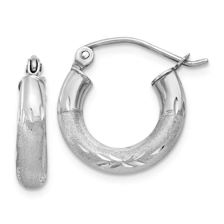 Rhodium Over 14k White Gold 3/8" Satin and Diamond-Cut Round Hoop Earrings