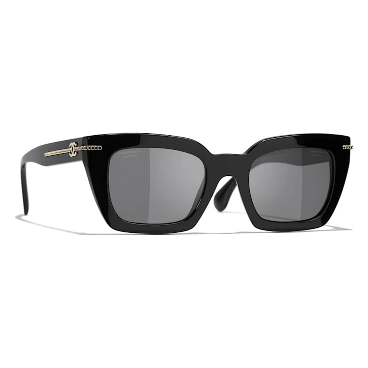 Chanel Black Frame with Gold Chain Detail / Gray Polarized Frame Sunglasses