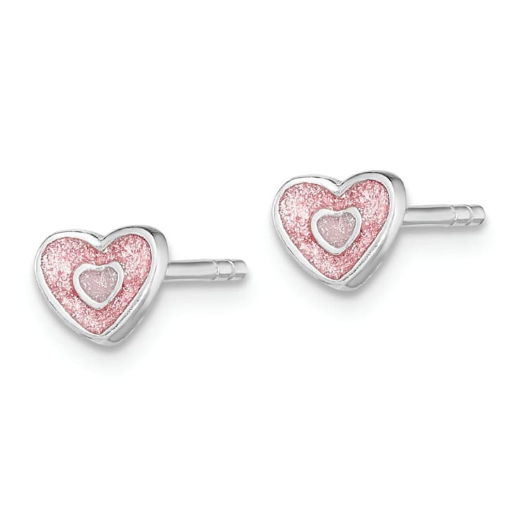Rhodium Over Sterling Silver Pink Glitter Enamel Heart Children's Post Earrings