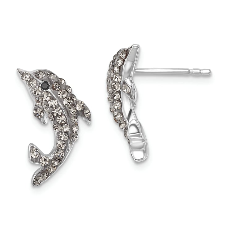 Rhodium Over Sterling Silver Pale Blue Crystal Dolphin Post Earrings
