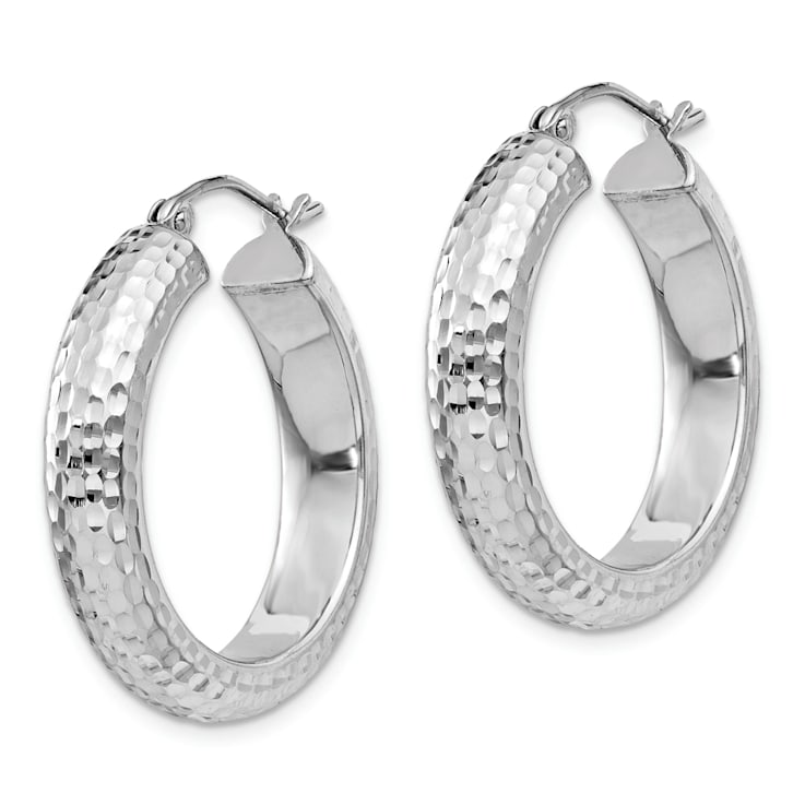Rhodium Over Sterling Silver Diamond-cut 5x25mm Hoop Earrings