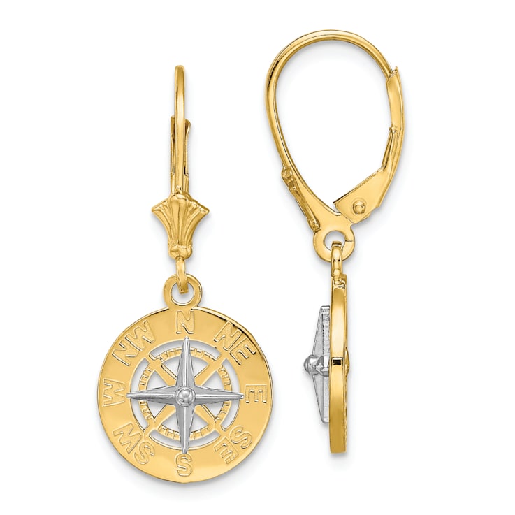 14k Yellow Gold and 14k White Gold Mini Nautical Compass Dangle Earrings