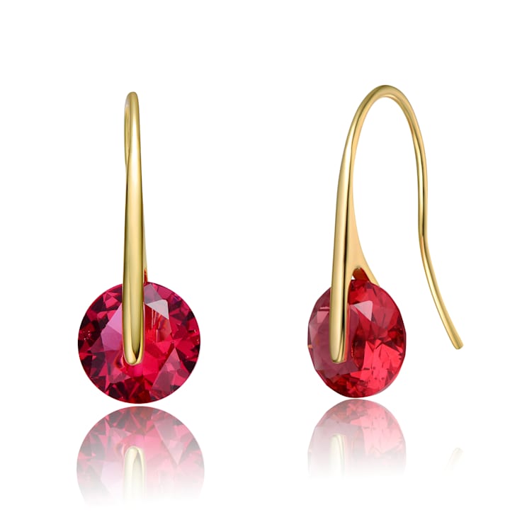 Ruby Color CZ Solitaire Drop Earrings In 14K Gold Over Brass