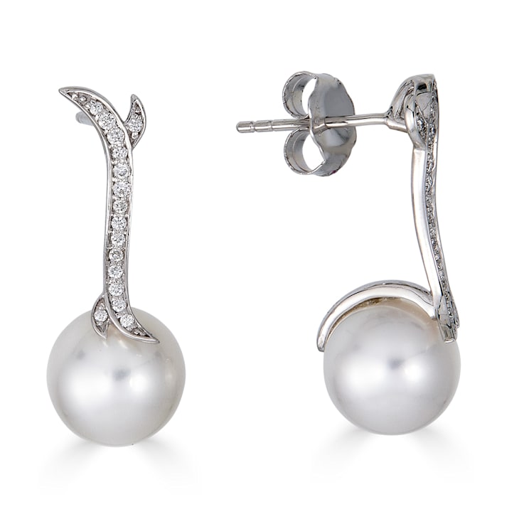 18KW Earrings 0.11 ctw Diamonds 10mm  Cultured Pearls
