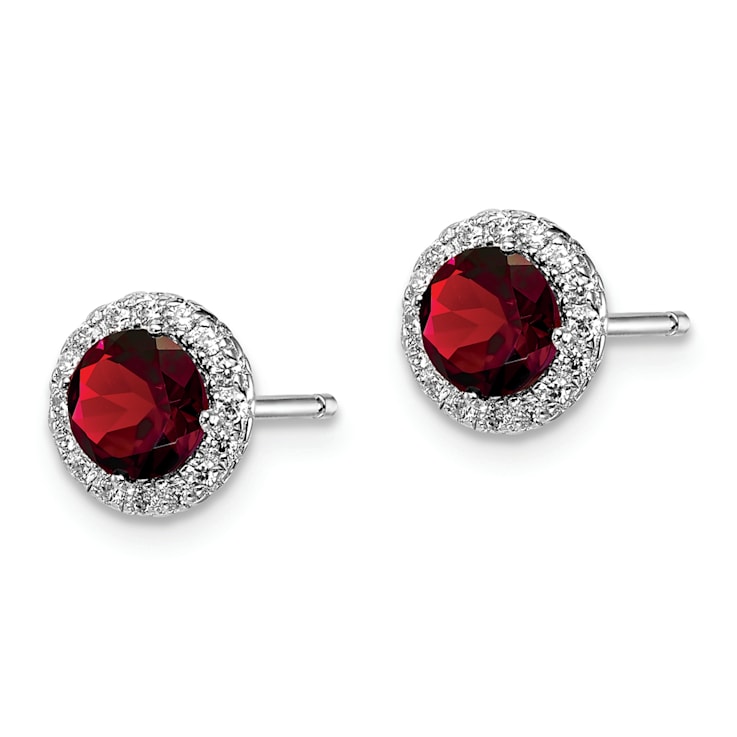 Rhodium Over Sterling Silver Garnet and CZ Post Earrings